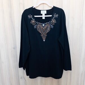 Linea by Louis Dell'Olio Beaded Top Sz 2X Black Long Sleeve Stretch Embroidered